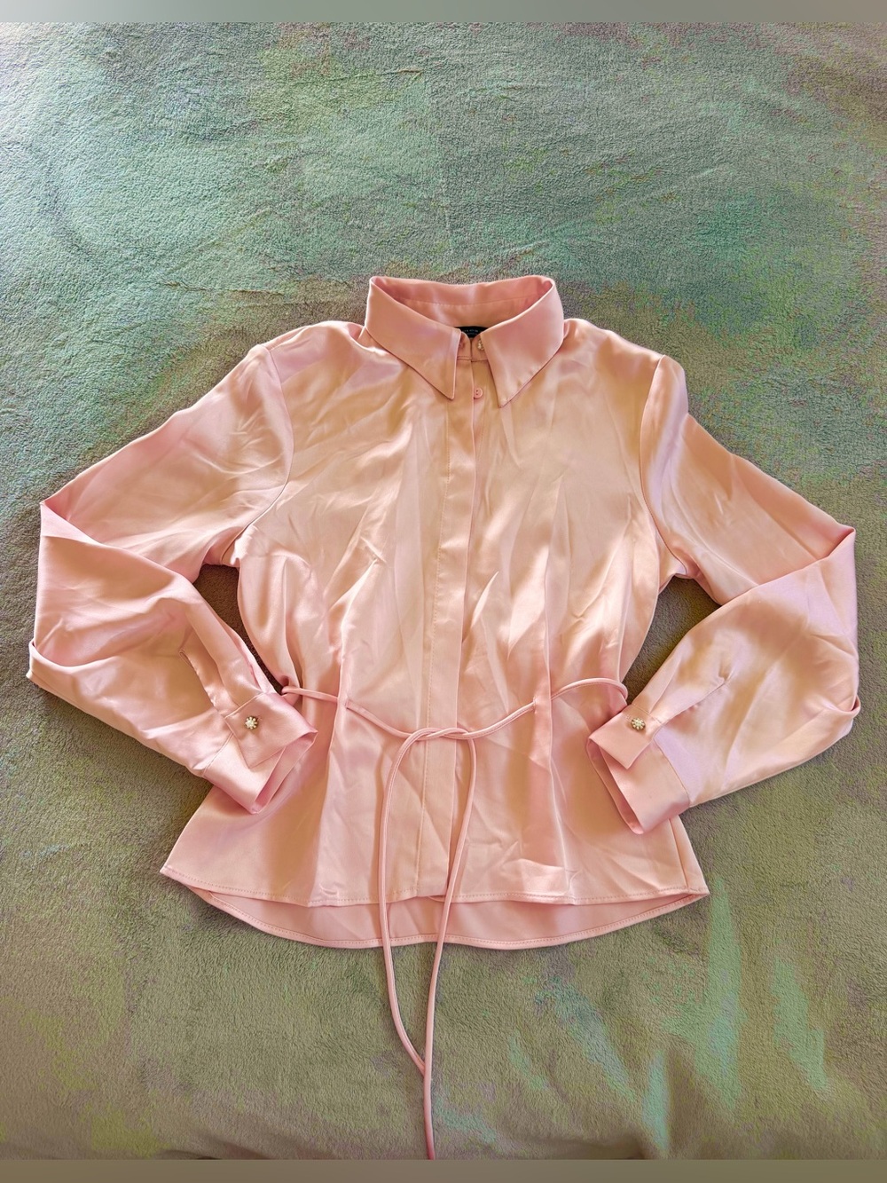 Zara Women’s Light Pink Tie-Waist Button-Up Shirt Size S